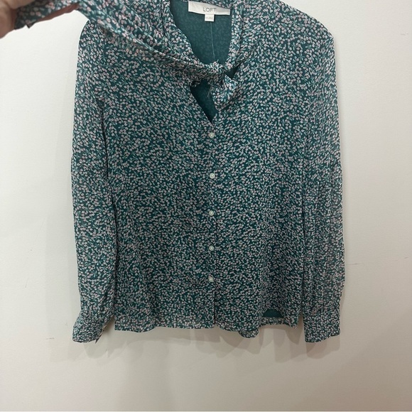 Loft Garden Tie Neck Blouse Green Floral Fluid Draped feminine - Picture 5 of 8